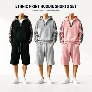 Men’s hoodie and shorts set featuring ethnic-style printed patchwork and soft fleece streetwear—casual everyday wear.