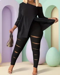 Elengatine Women Plus Size Two Piece Outfit Set, Off Shoulder Long Sleeve Tunic Top with Ripped Skinny Leggings, Soft Stretchy Matching Lounge Set, Slim Fit Casual Tracksuit for Daily Wear, Curvy Ladies, Street Style, Going Out, Home & Travel,summervibes