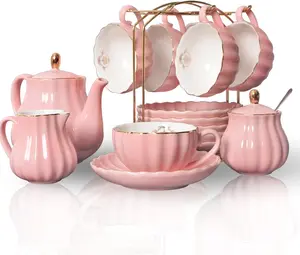Porcelain  Sets  Royal Series, 8 OZ Cups & Saucer Service for 6, with Teapot Sugar Bowl Cream Pitcher Teaspoons and  Strainer, Suitable for High , Wedding, Party ()