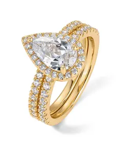 PAVOI 14K Gold Plated Pear Cubic Zirconia Engagement Ring Set for Women - Bridal Eternity Promise Jewelry
