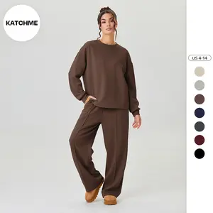 KatchMe Women's Minimalist Solid Color Round Neck Loose Top & Exposed Stitches Trousers Co-ord, Lightweight Long Sleeve Top & Wide Leg Trousers Two Piece Outfits