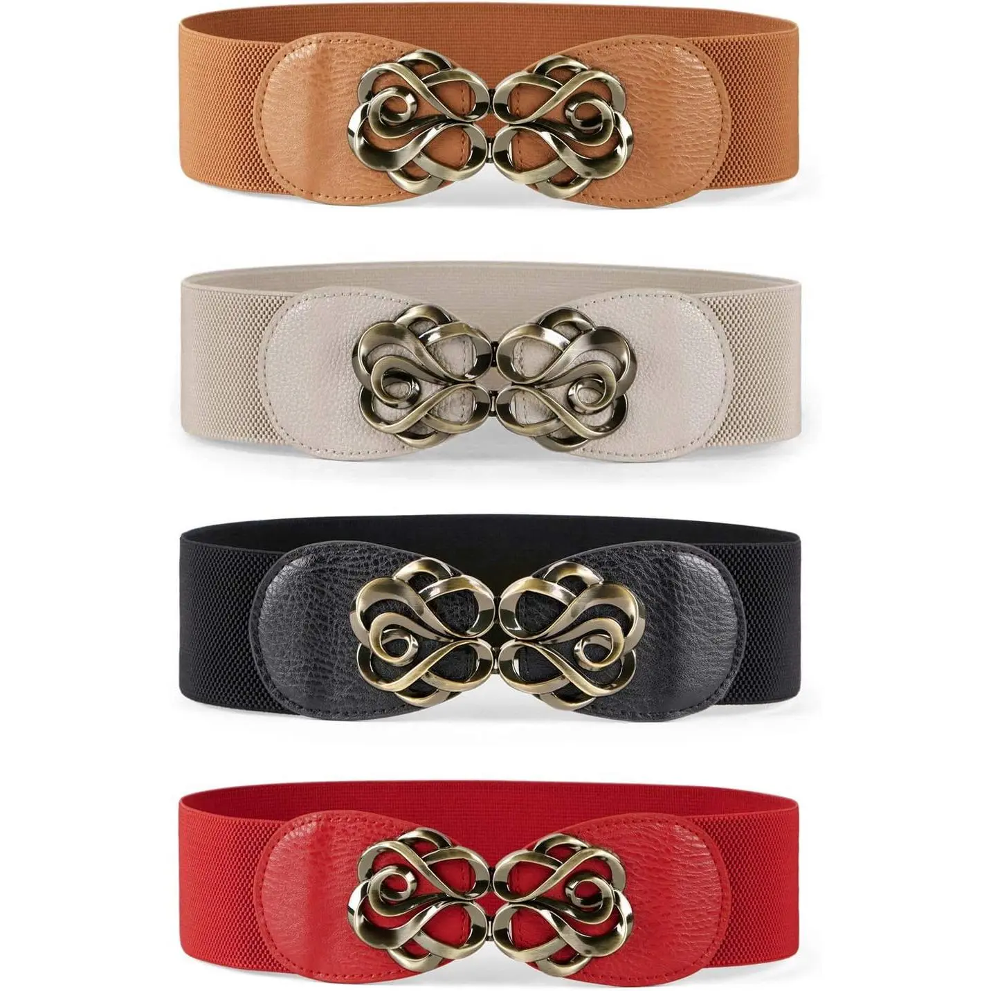 4PCS Elastic Vintage Wide Belts with Golden-Tone Leaf Buckle - Stylish Boho Dress Accessories,Perfect for Christmas, Thanksgiving, Teacher's Day,Graduation Season, Ladies Belts Suitable for teens