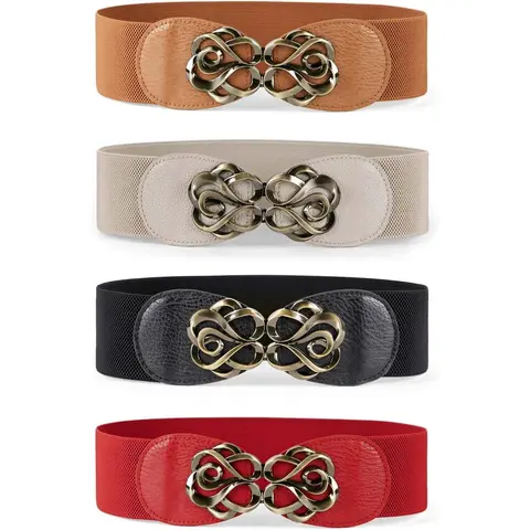 4PCS Elastic Vintage Wide Belts with Golden-Tone Leaf Buckle - Stylish Boho Dress Accessories,Perfect for Christmas, Thanksgiving, Teacher's Day,Graduation Season, Ladies Belts Suitable for teens
