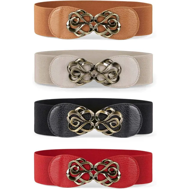 4PCS Elastic Vintage Wide Belts with Golden-Tone Leaf Buckle - Stylish Boho Dress Accessories,Perfect for Christmas, Thanksgiving, Teacher's Day,Graduation Season, Ladies Belts Suitable for teens