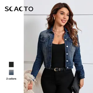 Scacto Women's color-block denim jacket, drop-shoulder denim jacket, casual jacket with pockets, suitable for all seasons.