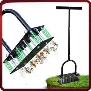 Lawn Aerator - Aerator Lawn Tool, Automatic Dirt and Leaf Clean Design, Heavy Duty Manual Lawn Aerator Tool with 15 Iron Spikes, Height Adjustable, Yard Grass Aerator for Lawn (Black)