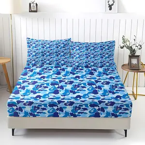 3Pcs Street Style Printed Fitted Sheet Set, Bed Sheets, Bed Sets Supplies, with Blues Camouflage Pattern Bedding Set, Comfortable and Durable, Suitable for Men'S Bedrooms and Homestays, Soft and Skin Friendly, Suitable for All Seasons