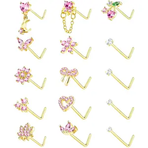 Nose Rings L Shaped for Women Nose Piercings 20G Surgical Stainless Steel Gold Nose Studs Pink Red CZ Heart Butterfly Flower Cherry Bow Moon Dangle Nose Piercing Jewelry