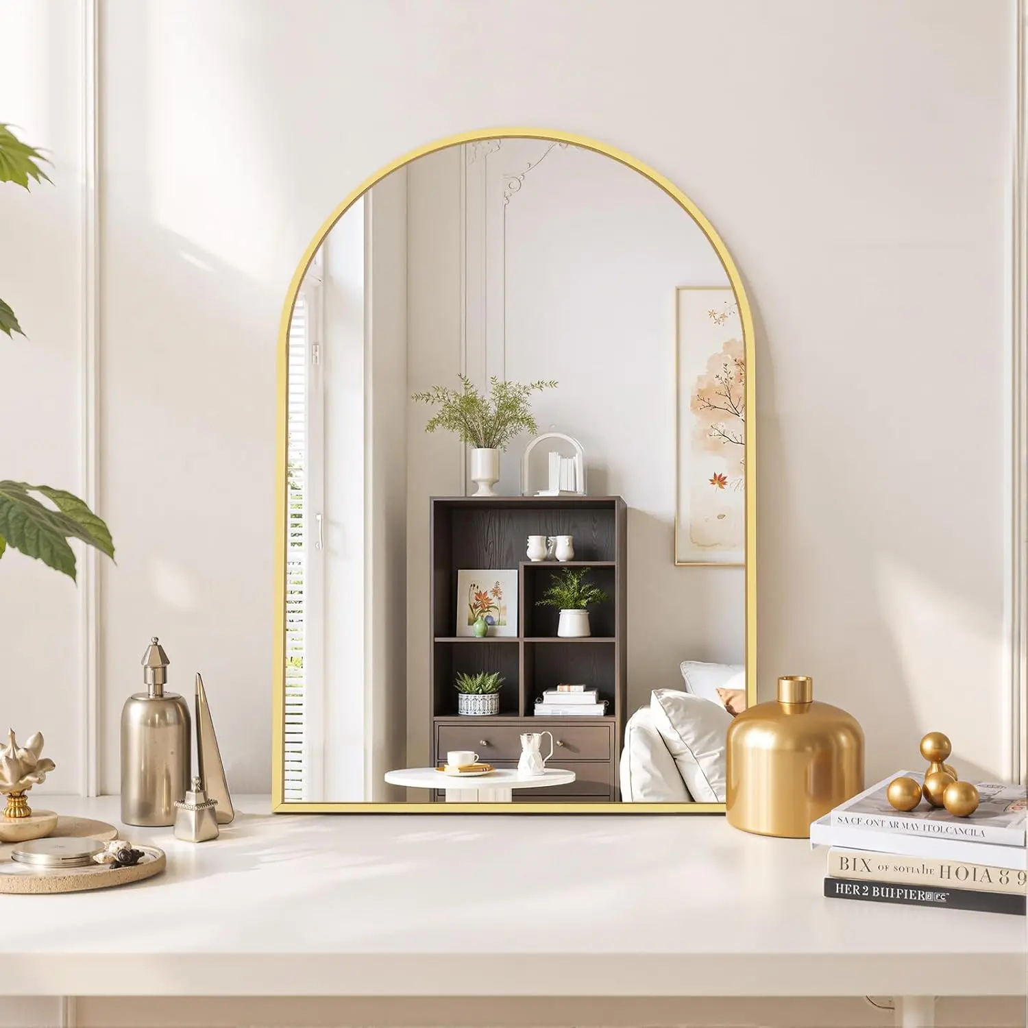 Arched Shape Decorative Curve Vanity Wall Mirror - 30"l x 20" Multi-Size, HD Tempered Glass, Shatter-Resistant Safety Glass, Rustproof Aluminum Frame, Anti-Fog Coat, Wall Mount, Modern Black/Gold Bathroom Mirror for Home Decor Accent