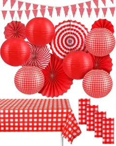 18 Pcs Memorial Day Picnic Party Decorations Red Gingham Party Supplies Include Checkered Pennant Banner, Hanging Paper Fans, Lanterns & Plastic Tablecloth for BBQ, Birthday, Dinner, Wedding & Baby Shower