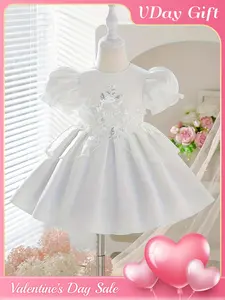 Elegant summer dress for girls, elegant and dreamy princess style, white bubble sleeve puffy skirt for girls, lace flower+nail bead embroidery decoration, Valentine's Day gift, suitable for one year old parties, flower girl ceremonies, piano performances