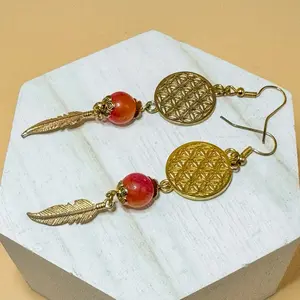 Handcrafted by Rita Malaysian Jade Earrings with gold Flower of Life charm