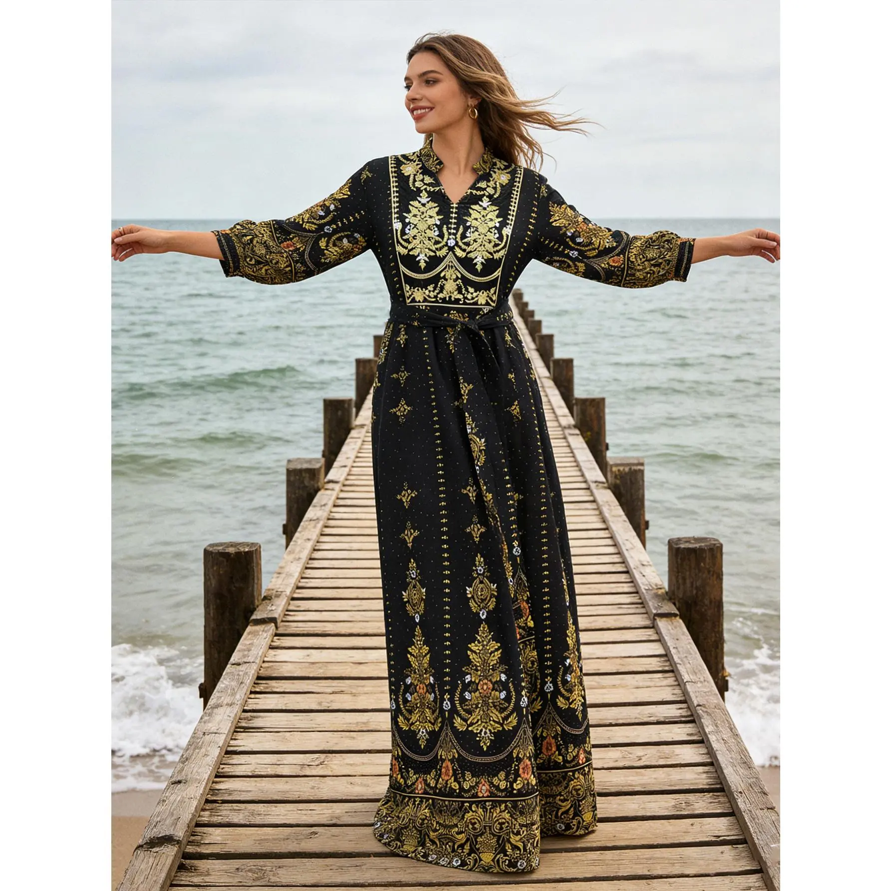 Women's Baroque Floral Print Long Sleeve V-Neck Maxi Dress - Elegant Bohemian Formal Style Premium Polyester Gown with Adjustable Belt, Flowy Fit, Machine Washable, Durable, Plus Sizes for Wedding Guest