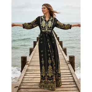 Luxury Gold & Black Baroque Maxi Dress Elegant Belted Boho Gown | Size Inclusive S-4XL | Perfect for Wedding Guest, Evening Gala, Cruise & Vacation