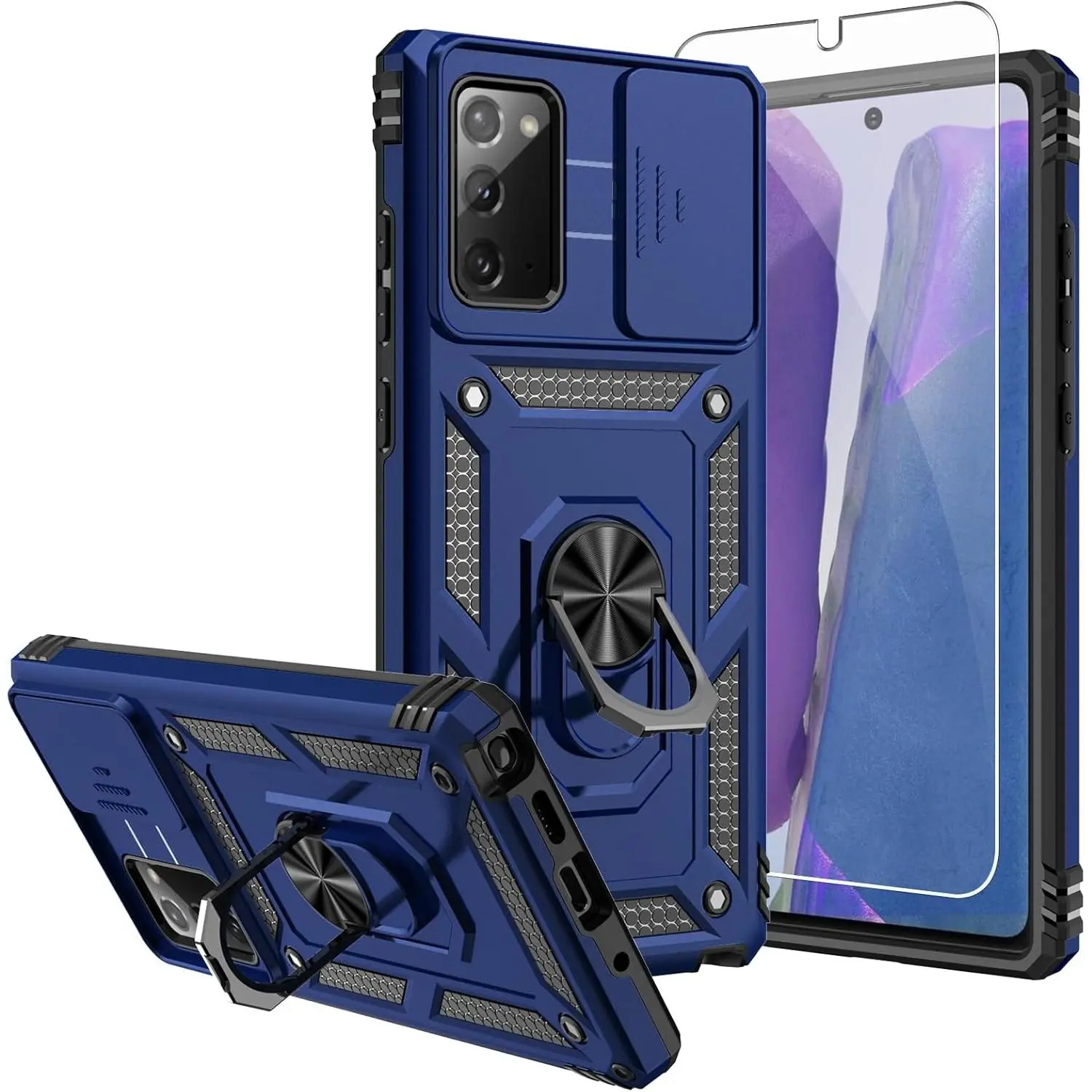 Rugged Armor Case for Galaxy Note 20, Military-Grade Shockproof Cover with Slide Camera Protector, Magnetic Ring Kickstand, and Screen Protectors, Blue, Accessories, Magnetic Kickstand, Screen Protector