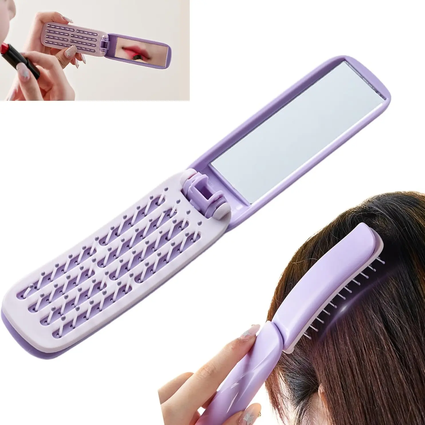 Women's Compact Folding Travel Hair Brush with Mirror, Plastic Self-Cleaning Detangler for Hair Styling, Sports & Commute, Essential Gift for Female Friends & Family