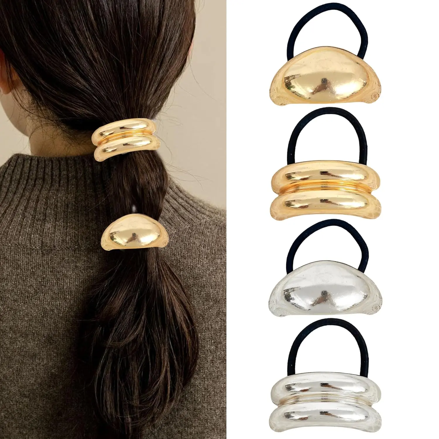 Metal Ponytails Hair Cuffs  &  Ties, Geometric Elastic Fashion Glossy Arch Accessories for Women 4 count