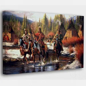 Retro Home Decor - Native American Indian Decor for Office Wall Art , Framed Art Canvas Western - Canvas Poster Colorful Gifts Room Decoration Ornaments Artistic Photo Print