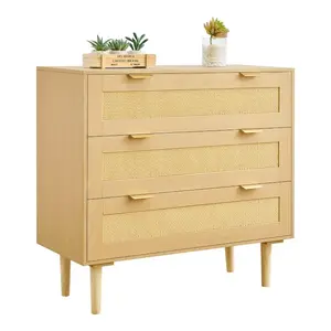Fathersdaygift 3-Drawer Rattan Mesh Dresser, Modern Wooden-Legged Closet Organizer with Metal Handles, Natural Rattan Storage Chest for Bedroom, Living Room, Rattan Mesh Drawersdealsforyoudays