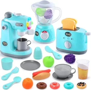 CUTE STONE Kitchen Playset, Toy Kitchen Appliance Sets with Working Coffee Maker, Blender & Toaster, Realistic Sounds & Lights