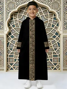 Boys Muslim Robe Velvet Vintage Gold Embroidery, Eid Al-Fitr Prayer Clothing, Traditional Islamic Wear for Children