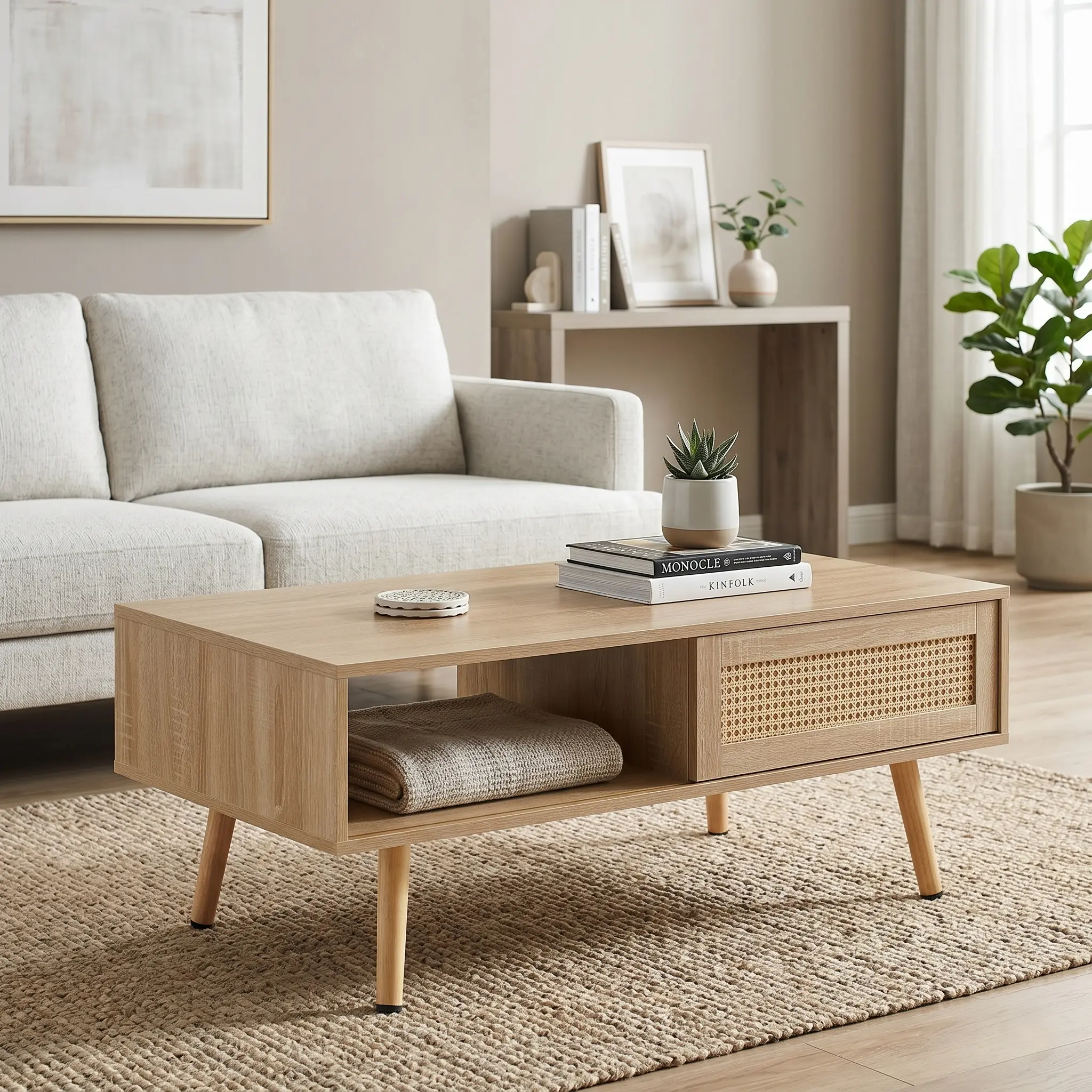 41.34" Modern Rattan Rectangular Coffee Table - Sliding Storage Door, Solid Wood Legs, Stylish Living Room Center Table, Rectangular Coffee Tables