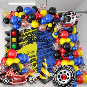 110pcs racing themed balloon party decoration set, Balloon party supplies, Balloon garland, yellow, red latex balloons paired with tires, helmets, racing aluminum foil balloons, for boys' racing themed birthdays, competitions, holiday celebrations