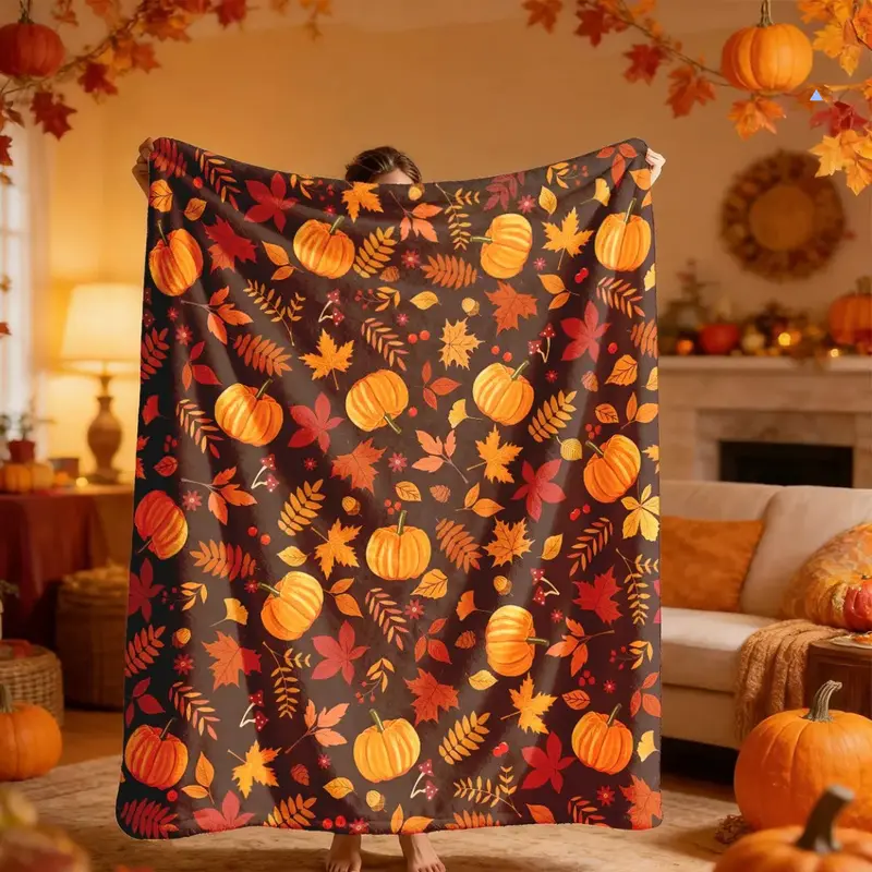 Autumn Pumpkin Maple Leaf Blanket, Fall Blankets, Large Size, Soft and Lightweight, Perfect for All Seasons, Ideal for Bed, Sofa, Office, Camping, Travel, Soft Knitted Throw