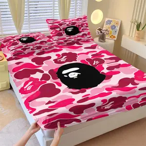 BAPE Pink Camo Ape Head Fitted Sheet Set, 1 Fitted Sheet & 2 Pillowcases, ABC CAMO & Iconic Ape Head, Soft Skin-Friendly Anti-Slip Wrinkle Resistant, Sweet Cool Streetwear Style Bedroom Decor for Fans, Bedsheet Sets
