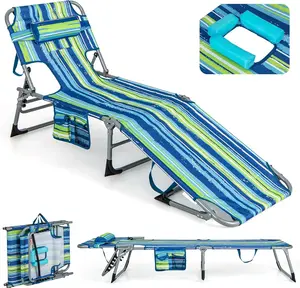 COSTWAY Tanning Chair, Folding Beach Lounger with Face Arm Hole, Adjustable Backrest, Side Pocket & Carry Handle, Outside Sunbathing Lounge Chair for Patio, Poolside, Lawn-COSTST