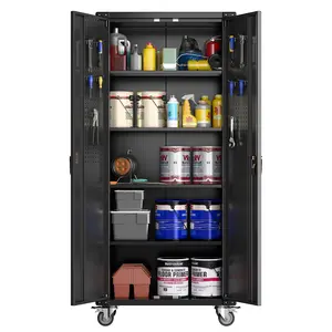 GARVEE Garage Storage Cabinet with Wheels, 72" H Locking Metal Storage Cabinet with 2 Doors, 4 Adjustable Shelves & Door Pegboard for Garage Workshop Home Office, Black