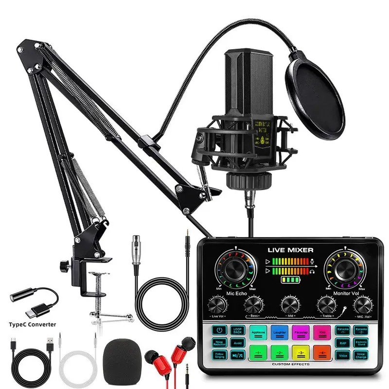 Safring V8S Pro+240 Podcast Boxed Set - Live Audio Mixer, Rechargeable 1200mAh Battery (180 Mins), 1-Touch Recording Device, BM800 Condenser Mic, Voice Changer, Instant SFX Recall, Desk Clamp, Plug-and-Play for Podcasting, Singing, PC/Android, Twitch