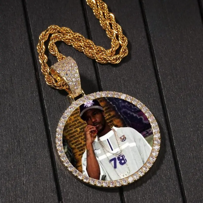 Personalized Small-Big Size Custom Memory Round Colorful Photo Pendant Necklace CZ Neck Chain Jewelry,Edgy Rotating Band Gift for Men & Women
