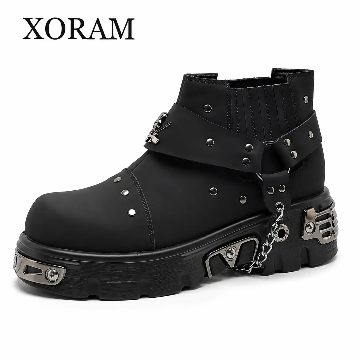 XORAM Chelsea Boots Men's Dark Rock Punk Metal Low-Top Short Boots Men's Trendy Cyber Derby Leather Shoes black daily walk Footwear black boots for men and women