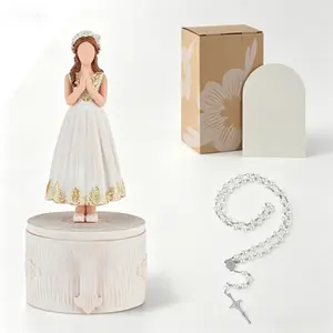 Christian Communion Memory Box for Girls: First Holy Rosary Cross Bracelet Keepsake - Religious Catholic Gift for Baptism Confirmation - Holy Communion Decorations with Rosary