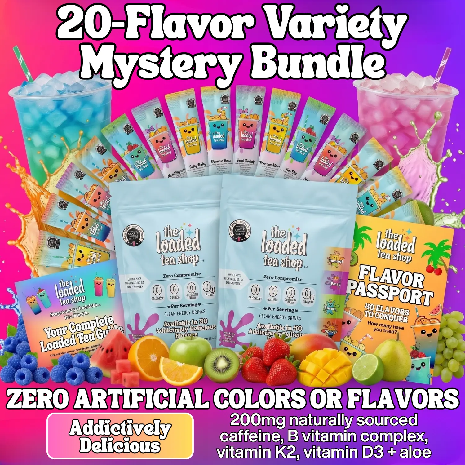 The Loaded Tea Shop - 20-Flavor Mystery Variety Bundle, 1 Packet Makes 32 oz of Loaded Tea, Zero Sugar, Zero Carbs, Zero Calories, Zero Artificial Colors & Flavors, B-Complex, Vitamins D3 & K2, Aloe, 200mg Natural Caffeine, Functional Energy Tea Packs