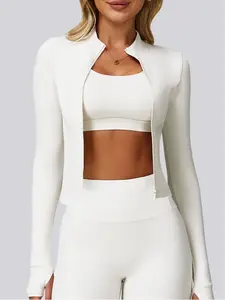 Women's Solid Color Zip Up Thumb Hole Design Lightweight Sports Yoga Jacket Top, Long Sleeve Outerwear for Gym Workout, Ladies Sportswear for Indoor Outdoor Wear, Zippered Jacket Sport Activewear