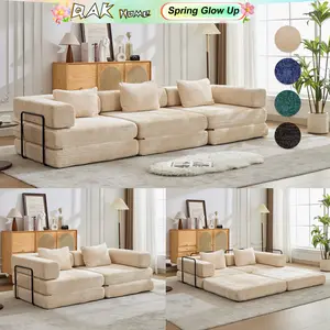 QAK 118" Convertible Floor Sofa Bed with Fixed Shape Frame Boneless Modular Sectional No Assembly Required Chenille Fabric for Living Room Bedroom