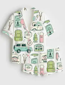 Women’s Outdoorsy Camping Pajama Set, Camping Supplies Print Long Sleeve Satin Pajamas, Cozy Adventure Sleepwear, Camping Group