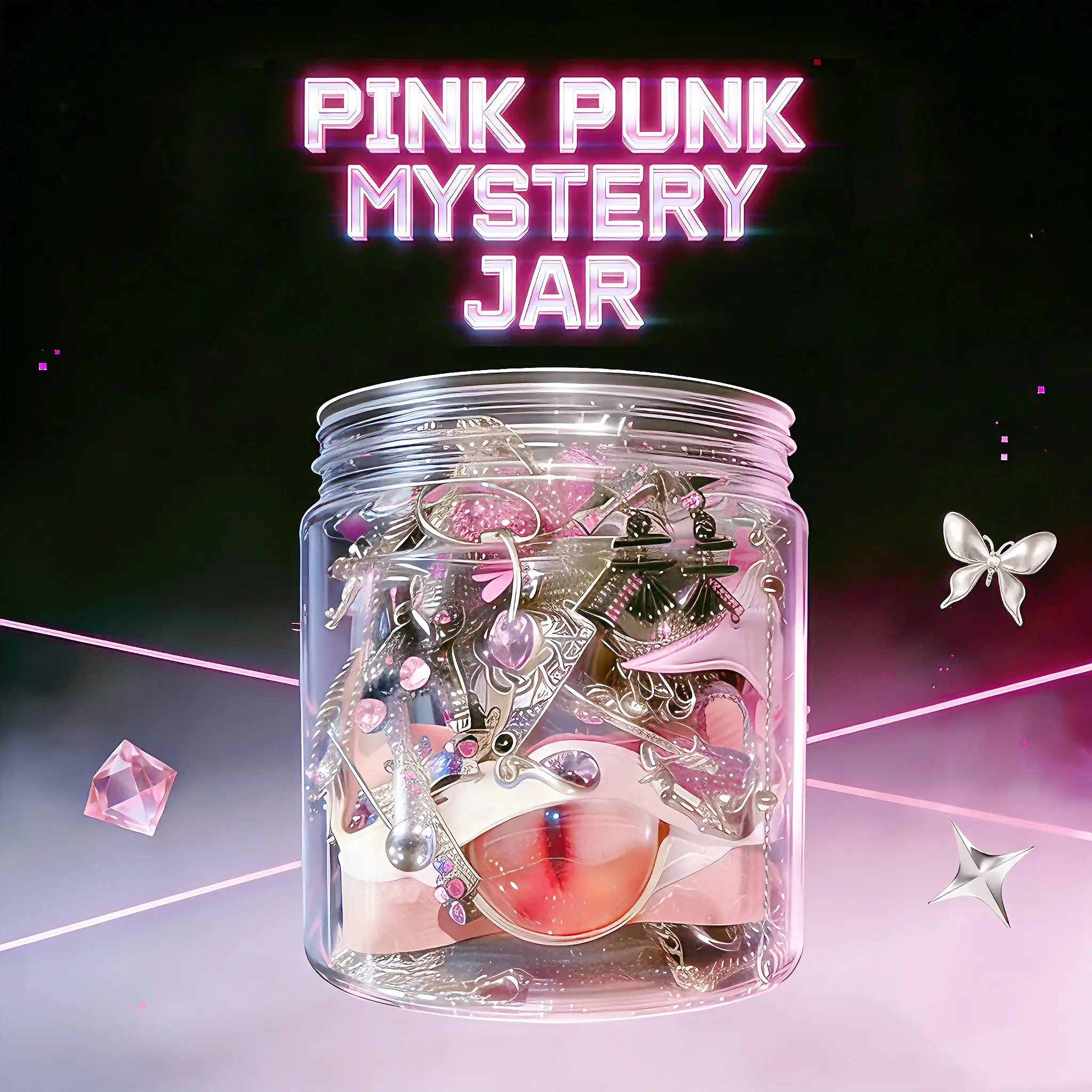 Jollyhit Y2K Punk Mystery Jewelry Jar | 30-Piece Pink&Sliver lightweight and petite Costume jewelry sets mix with Futuristic cute  E-girl aesthetic  Cute but Edgy Soft Punk jewelry  jar summerwins