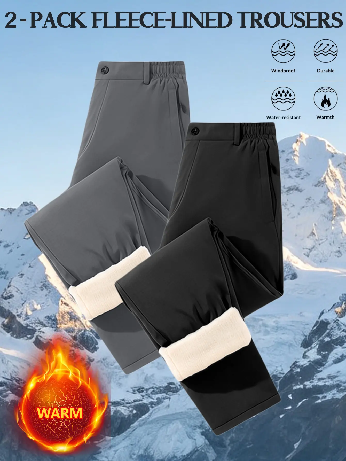 Men’s 2-pack fleece-lined warm outdoor pants — windproof, waterproof, thickened long pants with elastic waistband at the back for hiking and commuting