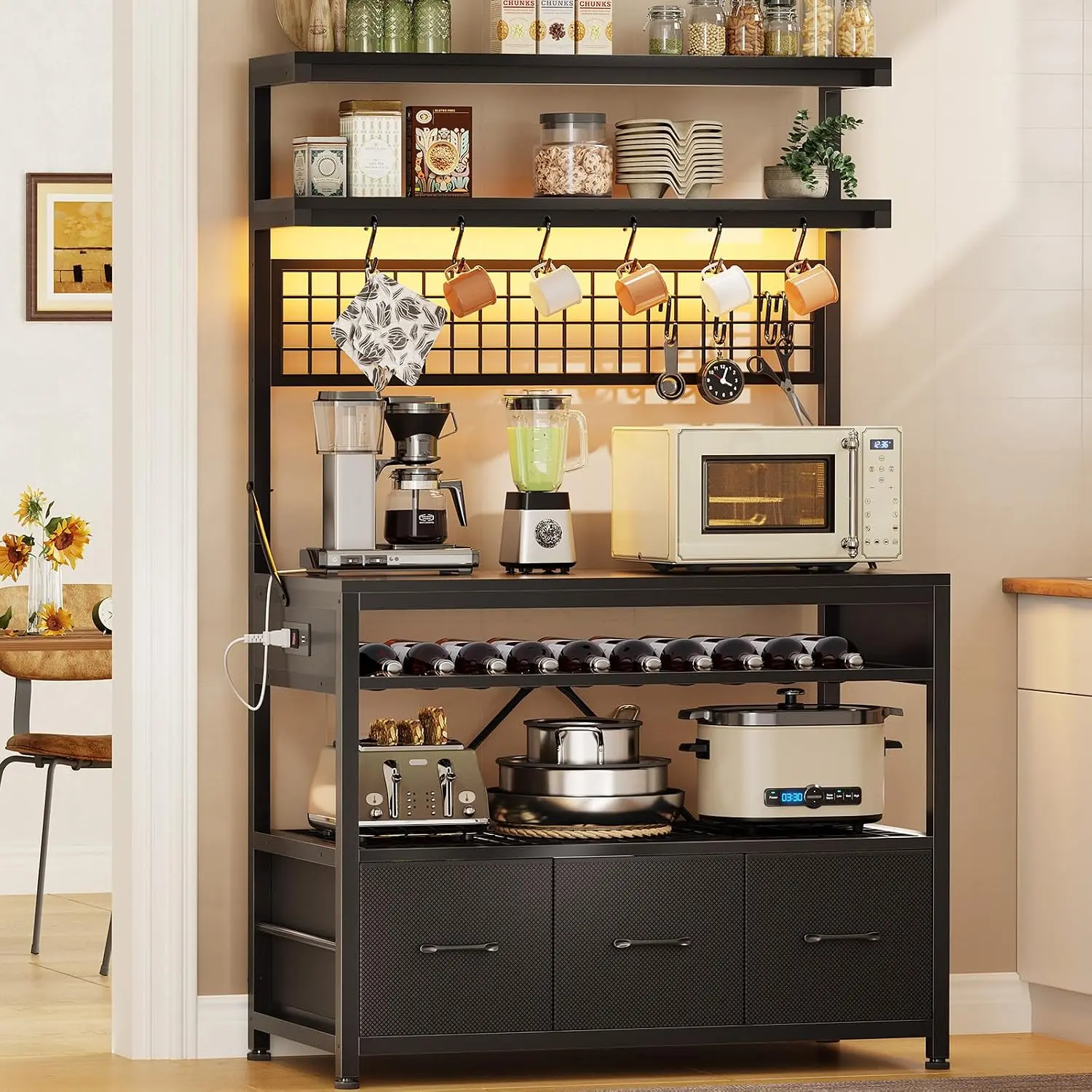 Itaar | Bakers Rack with Storage and Power Outlet 35.4 inch Coffee Bar Cabinet Microwave Stand Kitchen Cabinet with Hutch LED Lights