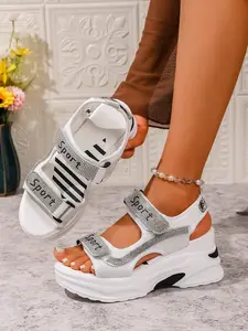 Water diamond thick soled sports sandals for women, thick soled sponge bottom sandals, breathable mesh fashionable open toe sandals, summer comfortable shoes, Velcro design, Lightweight Sandals, Unique Sandals, Fashionable Slide Sandals