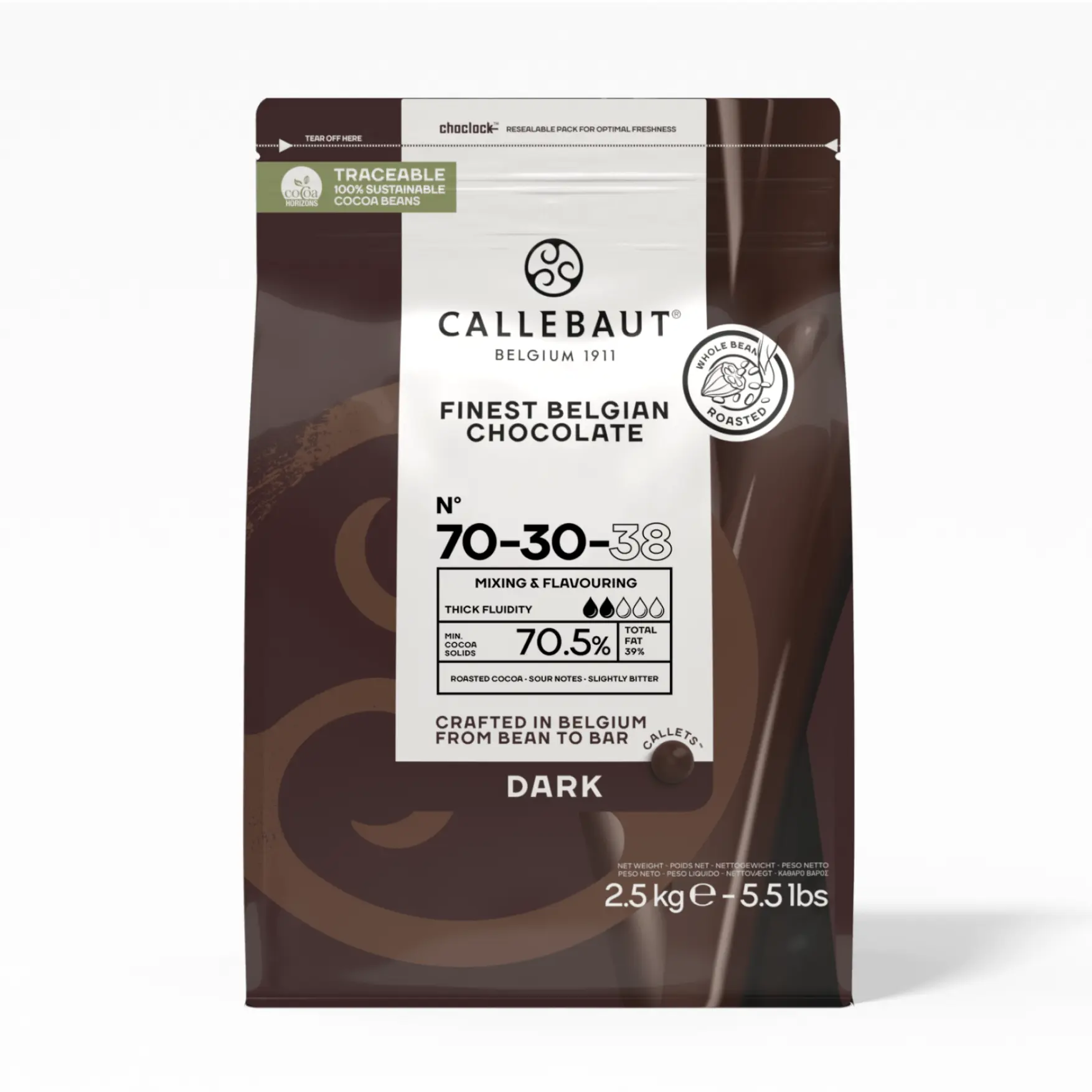 Callebaut Premium Belgian Dark Couverture Chocolate Callets, 70.5% Cocoa, 5.5 lb (2.5 kg) - Ambient, Vegetarian, Intense Deep Flavor, Excellent Workability, Convenient Format, Easy Measuring, Professional Baking Use