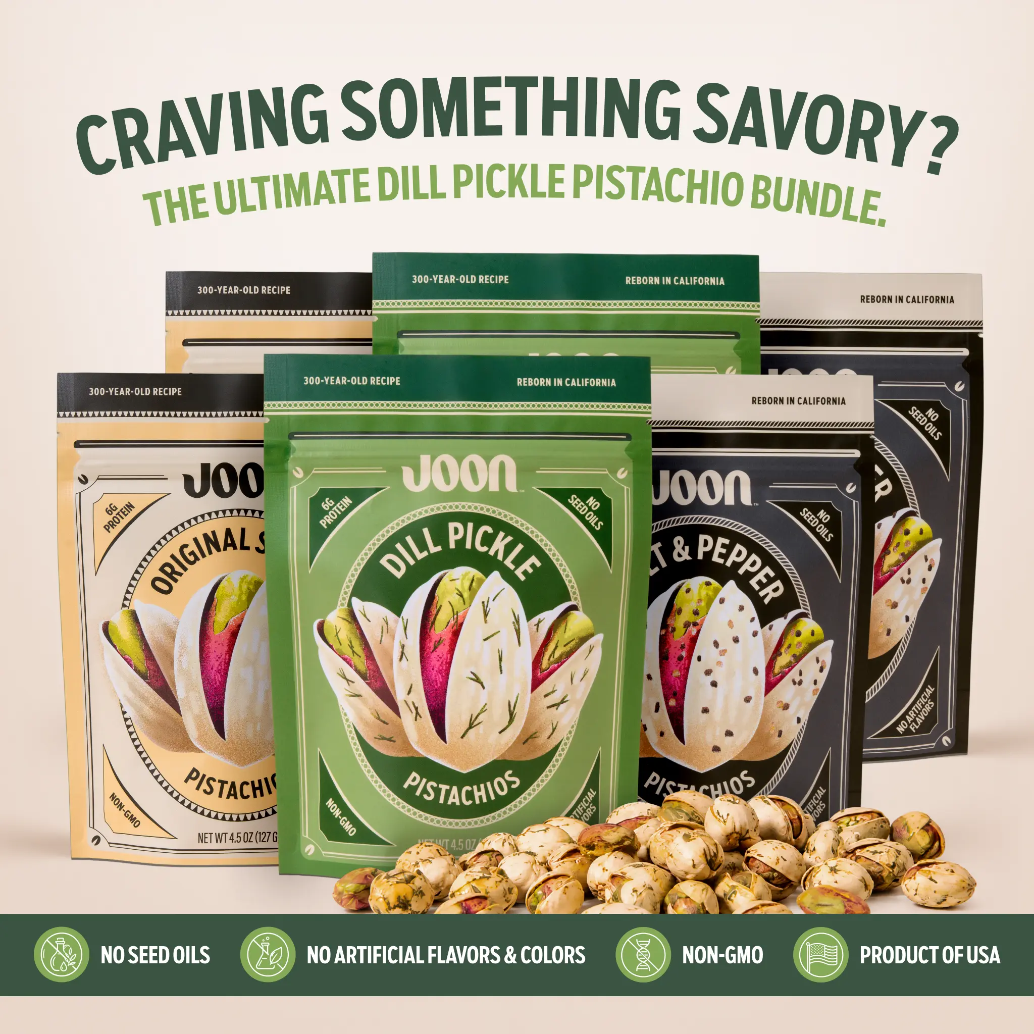 Joon In-Shell Pistachios 6-Pack Sample Pack - Assorted Dill Pickle, Original Salted, Salt & Pepper Gourmet California Pistachios, Low Sugar, Dye Free Protein Crunchy Snack, No Seed Oils