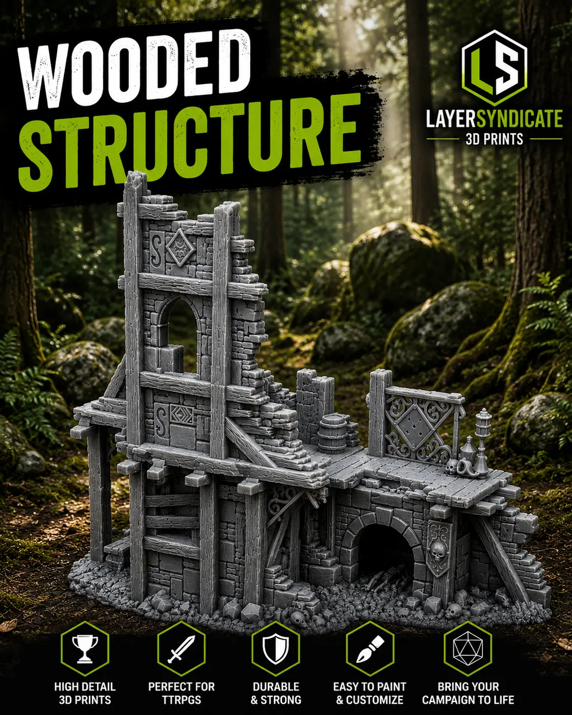 3D Printed High Detail Wooded Forest Ruins Statue, 28mm-32mm Tabletop Decor, Easy to Paint & Customize for D&D TTRPGs & Dungeon Delves, Home Decor Figurine