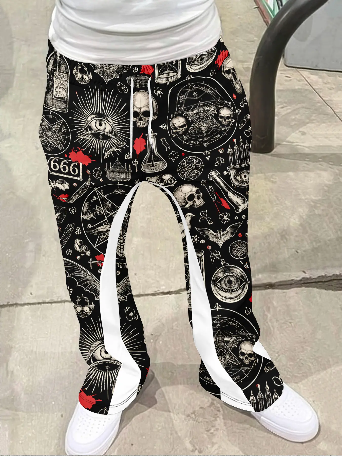Men's Loose Fit 3D Mystery Symbol Print Bell Bottoms, Casual Sporty Streetwear Pants, Vintage Style Micro Flare Long Pants, All Seasons Trousers, Athleisure Casual Pants