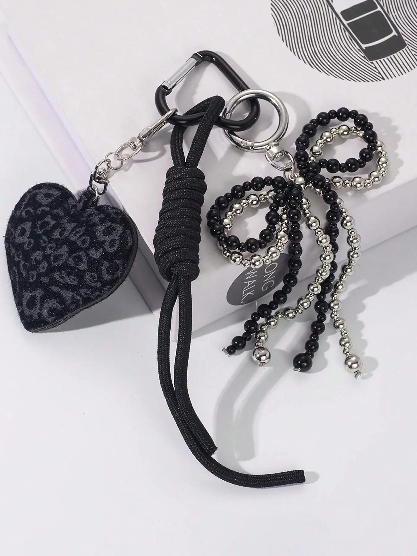 Leopard Print Heart Rope Bag Pendants, Black & Silver Beaded Bag Chain Charms, Braided Rope & Carabiner Bag Charm Pendants, Bag Charms For Handbags, Bag Pendant for Backpack Purse, Purse Accessories Charm