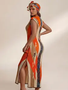 Women's Elegant Aesthetic Animal Print Robe Set, Multicolor Shawl Moomoo Dress Sleeveless + Long Headscarf Silk Scarf, Beach Sun Protection Satin Scarf