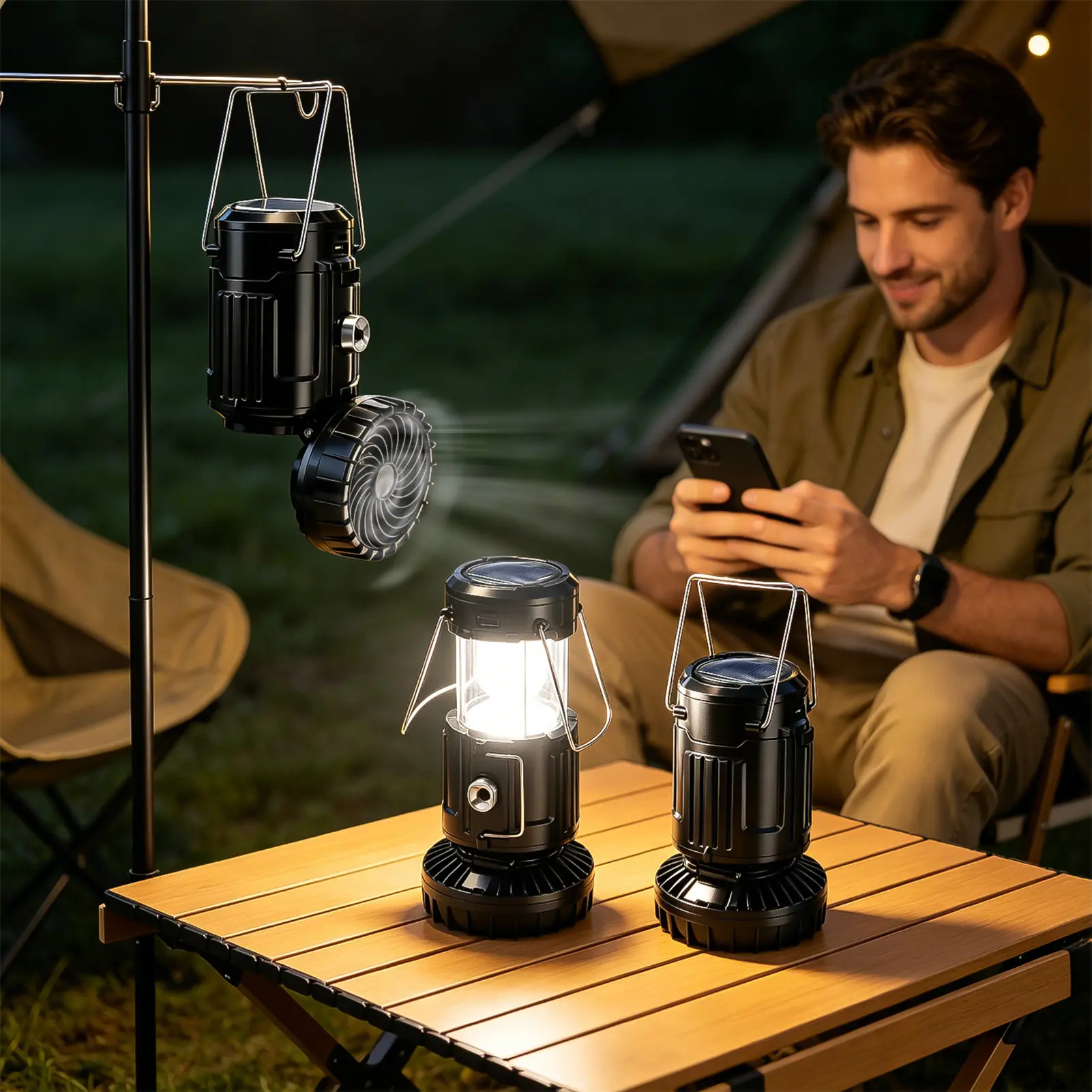 ISUNMEA 2-in-1 Solar Fan & Lantern - High Lumen Flashlight, 3 Charging Modes, Hanging Waterproof Design for Camping Survival, Power Outages